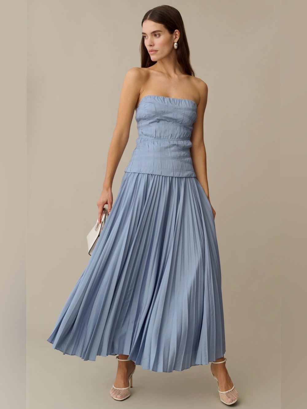 Strapless Pleated Maxi Dress in Light Blue